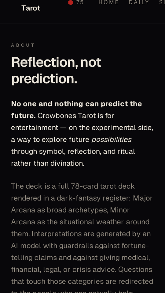 The about screen describing the deck and its cosmology.